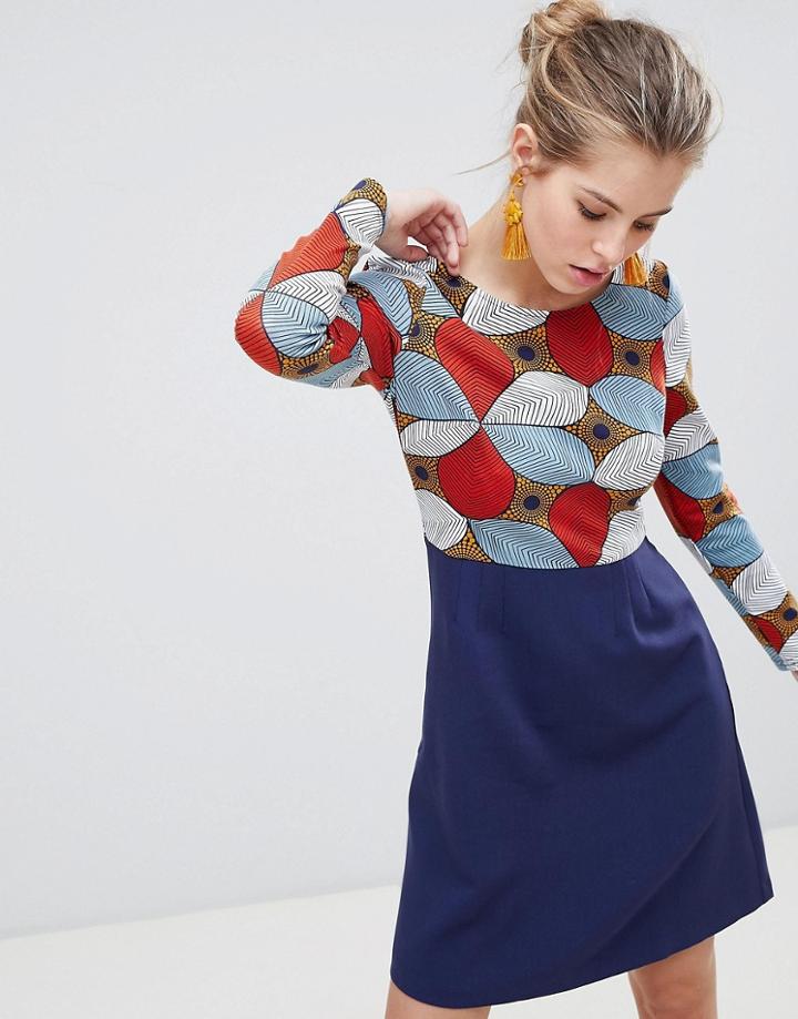 Traffic People Long Sleeve 2-in-1 Skater Dress With Printed Top - Blue