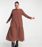 Asos Design Curve Long Sleeve Tiered Smock Midi Dress In Brown Spot-multi