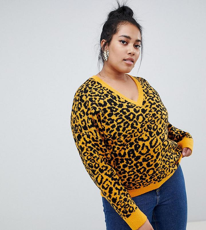 Asos Design Curve Sweater With V Neck In Animal - Multi