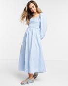 New Look Textured Shirred Midi Dress In Pale Blue