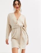 Asos Design Mini Dress With Batwing Sleeve And Wrap Waist In Velvet-cream