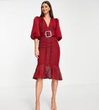 Asos Design Tall Puff Sleeve Wiggle Lace Midi Dress With Pocket Detail In Red-multi