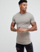 Asos Design Longline Muscle Fit T-shirt With Curve Hem In Gray - Brown