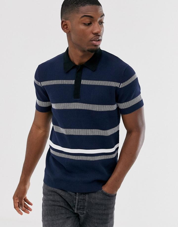 Jack & Jones Premium Striped Knitted Polo In Navy