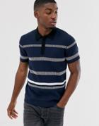 Jack & Jones Premium Striped Knitted Polo In Navy