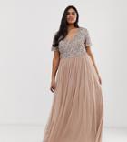Maya Plus Bridesmaid V Neck Maxi Tulle Dress With Tonal Delicate Sequins In Taupe Blush-brown