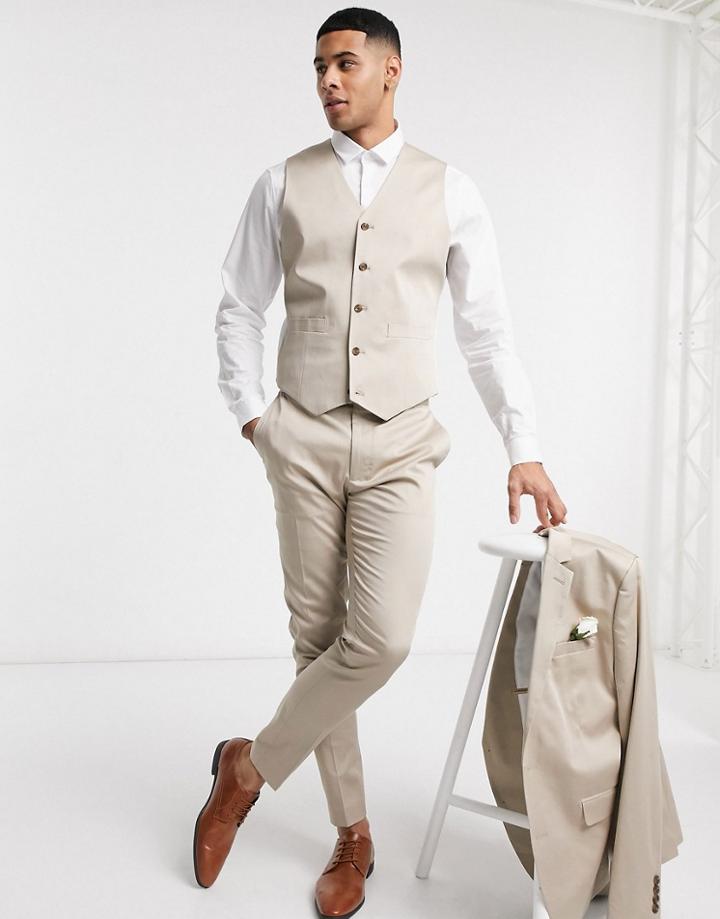 Asos Design Wedding Super Skinny Cotton Suit Vest In Stone-neutral