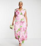 Liquorish Plus Bridesmaid Plunge Front Maxi Dress In Green Overscale Floral-multi