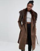Only Drape Faux Fur Collar Coat - Brown