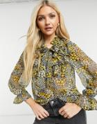 Violet Romance Tie Neck Blouse In Floral Print-multi