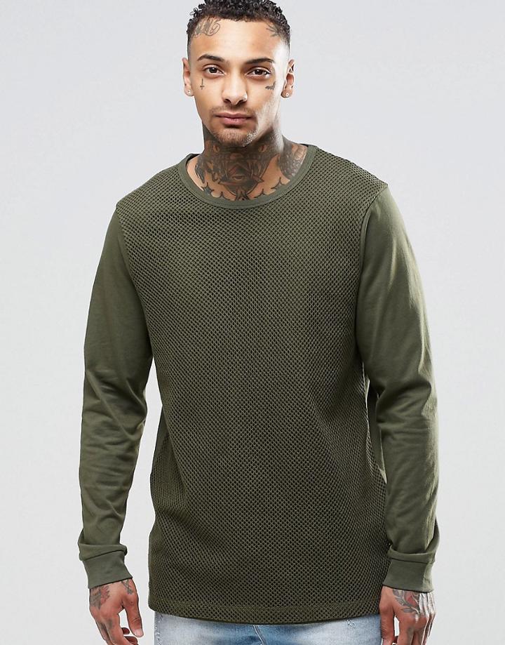 Asos Longline Long Sleeve T-shirt With String Mesh Panel - Khaki