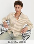 Asos Design Regular Linen Stripe Work Shirt With Grandad Collar In Tan-neutral