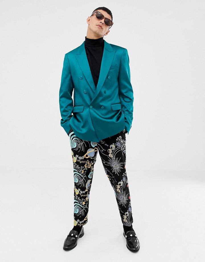 Asos Design Slim Double Breasted Blazer In Teal High Shine-green