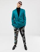 Asos Design Slim Double Breasted Blazer In Teal High Shine-green