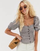 & Other Stories Linen Puff Sleeve Top In Brown Gingham - Brown