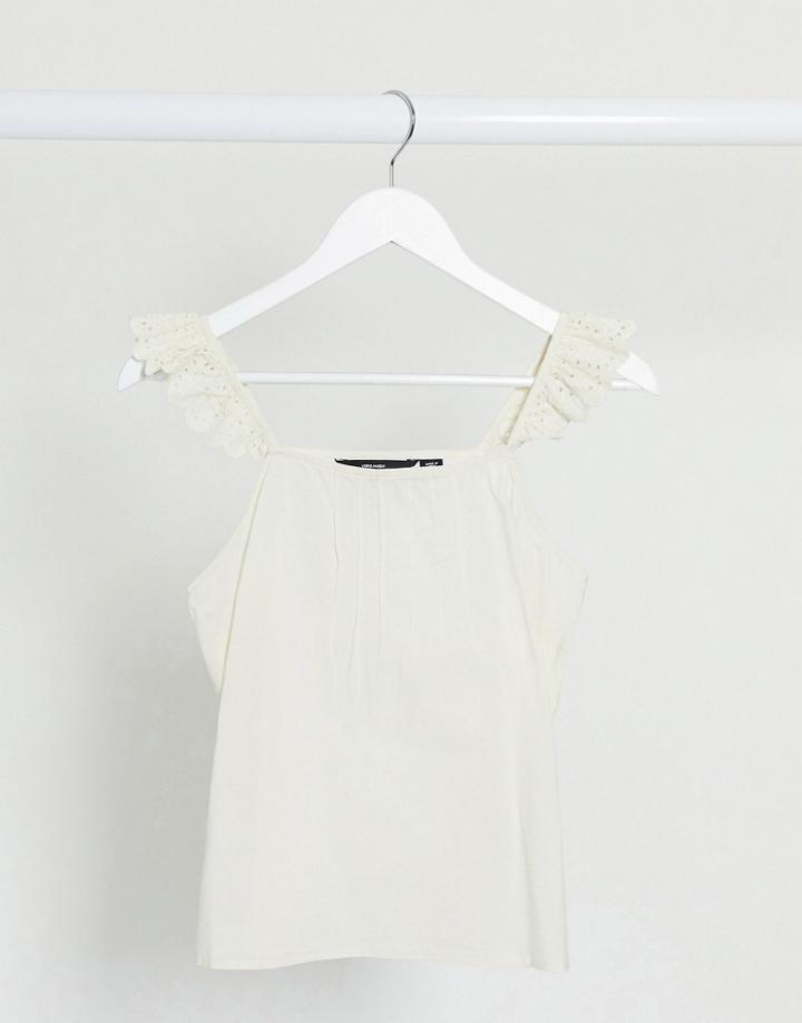 Vero Moda Cotton Cami Top With Broderie Frill Sleeves In Cream-white