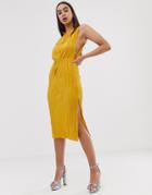 Asos Design Midi Plisse Dress With Drawstring Waist-yellow