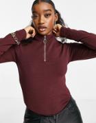 Missguided Co-ord Long Sleeve Top With Half-zip Detail In Burgundy-red