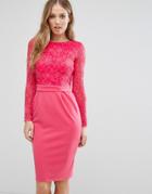 City Goddess Long Sleeve Pencil Midi Dress In Lace - Pink