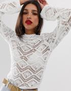 Asos Design Crochet High Neck Sweater-cream