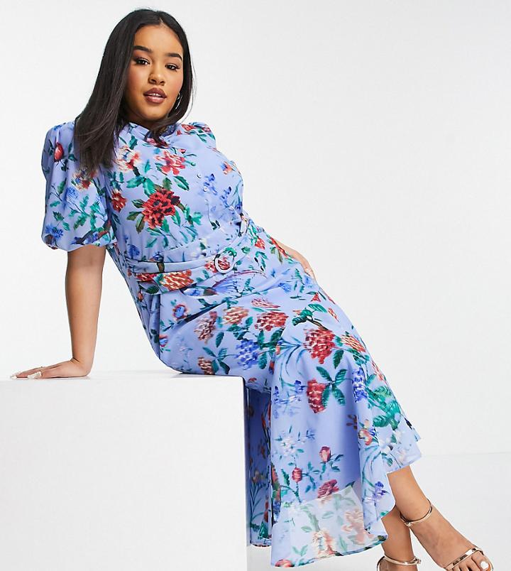 Hope & Ivy Plus Puff Sleeve Asymmetric Belted Midi Dress In Bright Blue Poppy Print-blues