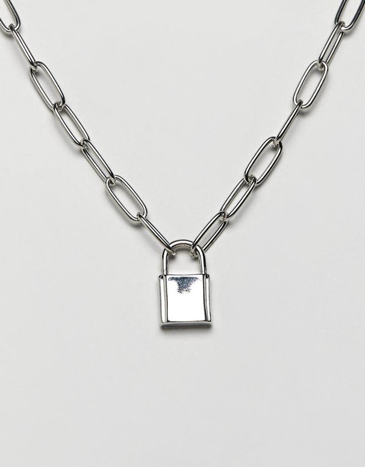 Asos Design Necklace With Hardware Chain And Padlock In Silver - Silver
