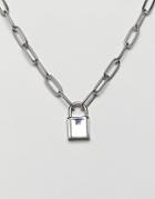 Asos Design Necklace With Hardware Chain And Padlock In Silver - Silver