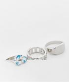 Asos Design 3 Pack Festival Mixed Ring Set With Flower And Chain Design In Silver Tone