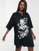 Asos Design Oversized T-shirt Dress With Dragon Graphic In Black