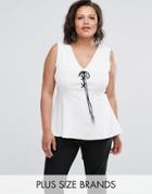 Elvi Peplum Top With Contrast Tie - White