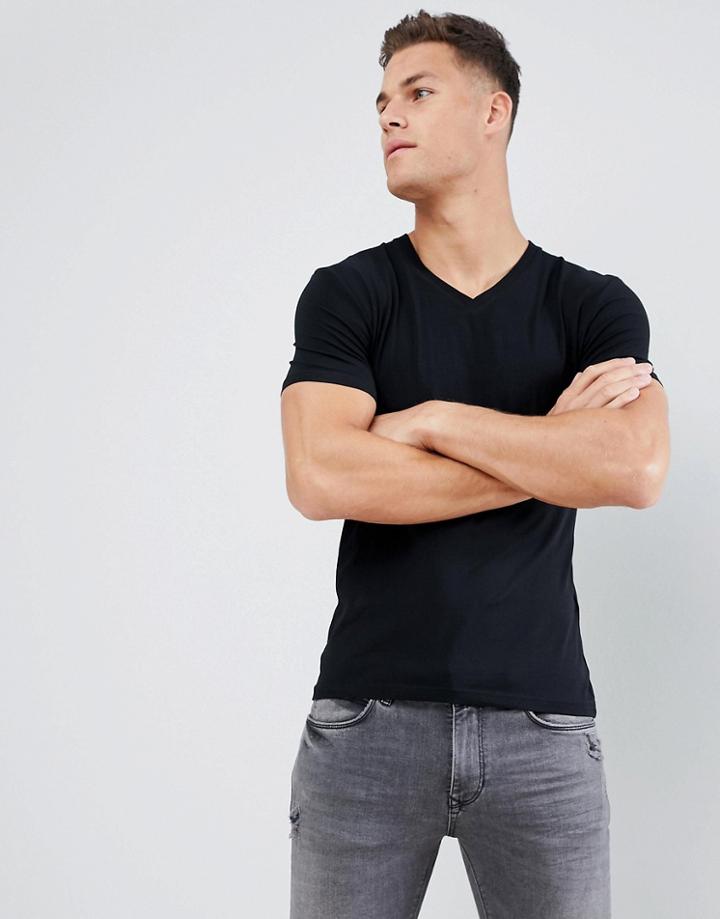Celio V-neck Muscle Fit T-shirt In Black - Black