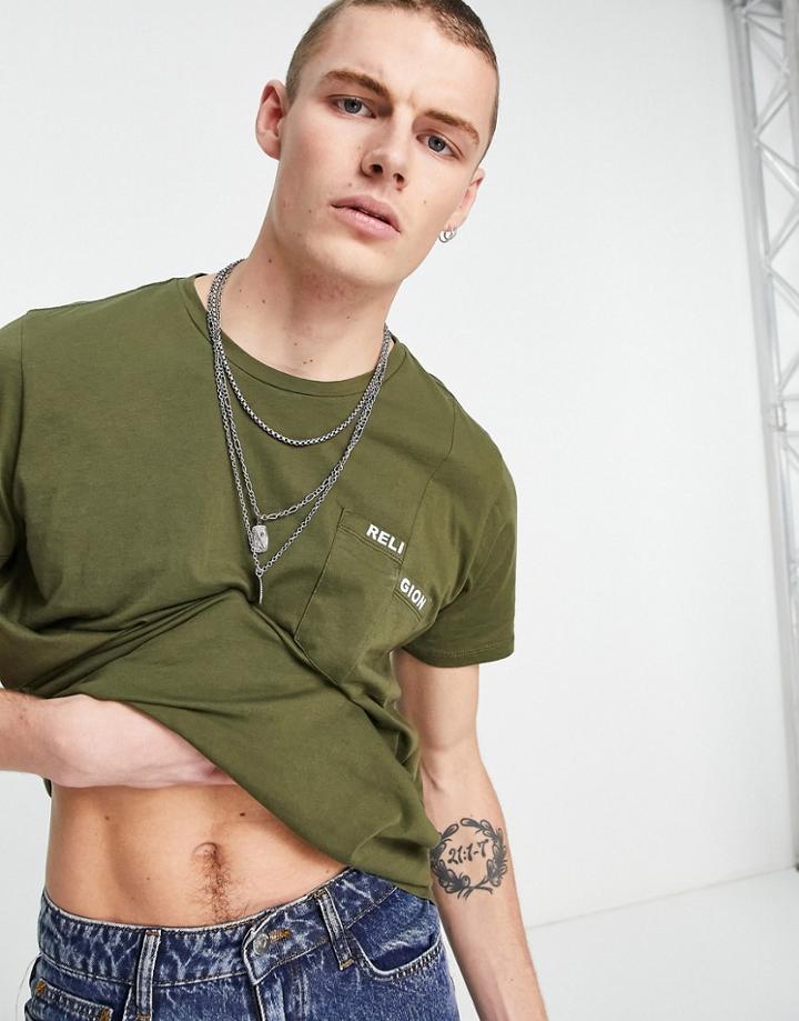 Religion Split Pocket T-shirt In Khaki-green