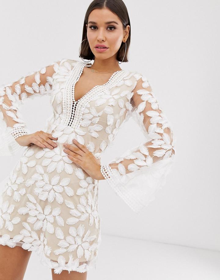 Love Triangle Floral Embroidered Long Sleeve Dress In White - White
