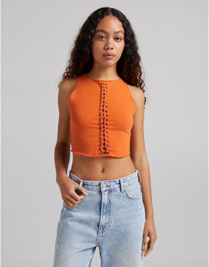 Bershka Lace-up Cropped Tank In Orange