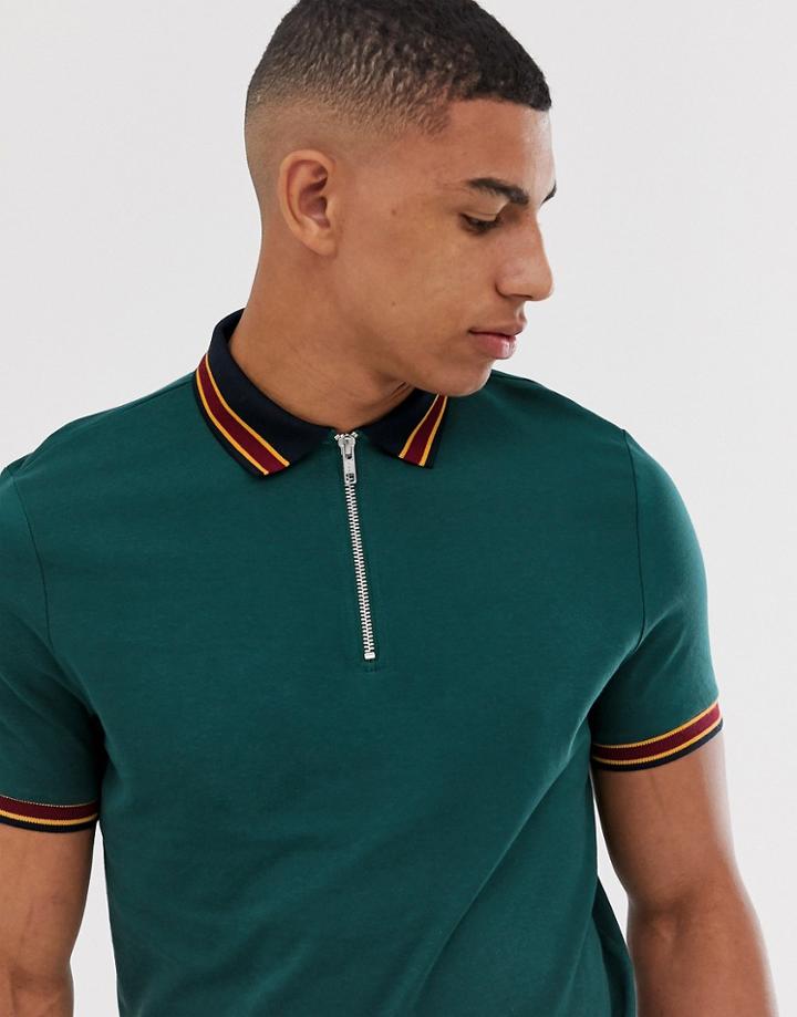 Asos Design Organic Polo Shirt With Zip Neck And Contrast Tipping In Green - Green