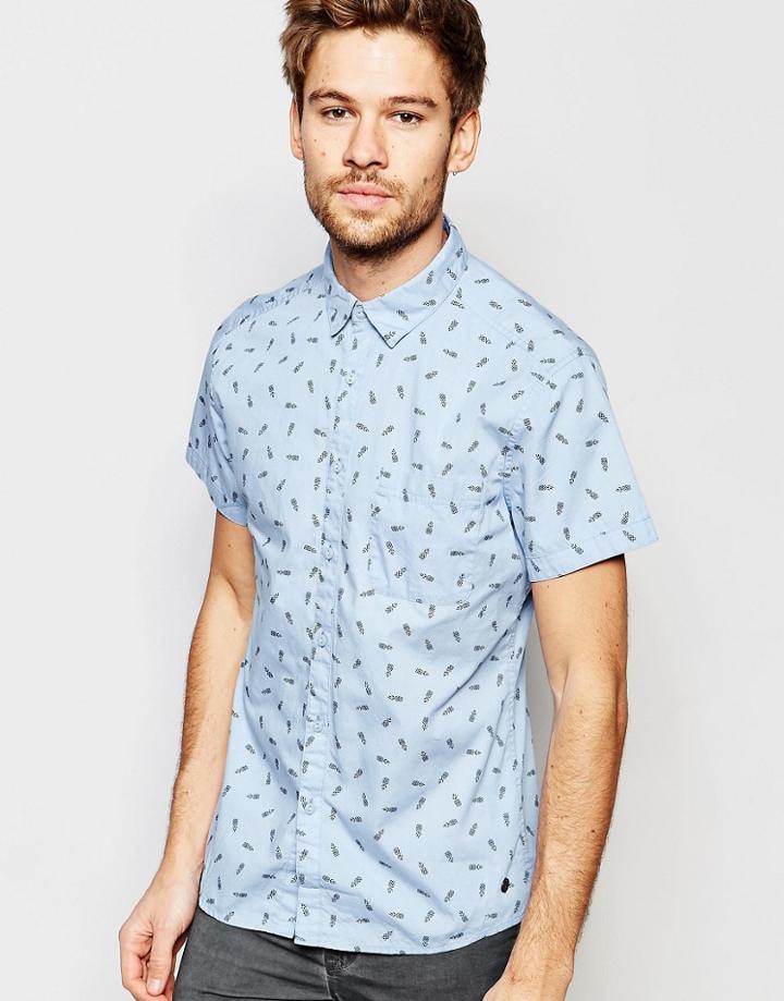 Esprit Short Sleeve Shirt With All Over Pineapple Print - Light Blue