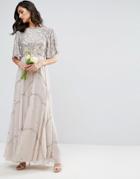 Asos Wedding Embellished Floral Flutter Sleeve Maxi Dress - Gray