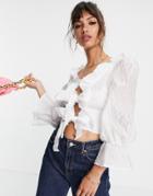 Asos Design Textured Jacquard Crop Top With Ruffles And Tie Front In Ivory-white