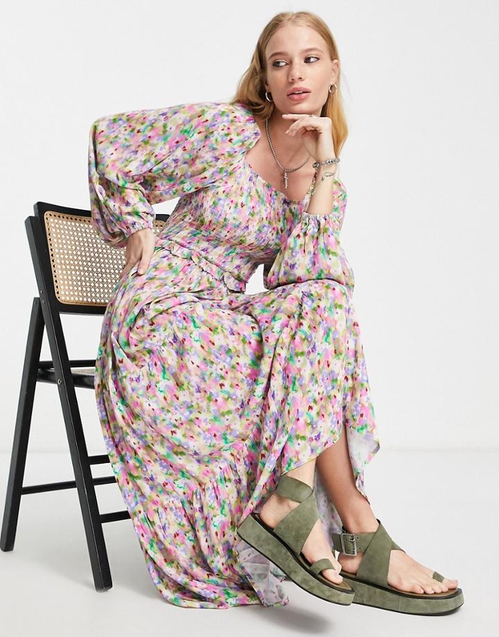 Topshop Blurred Floral Shirred Bust Volume Sleeve Midi Dress In Multi