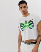 Asos Design Oversized Cropped Sleeveless T-shirt With Dragon Print - White