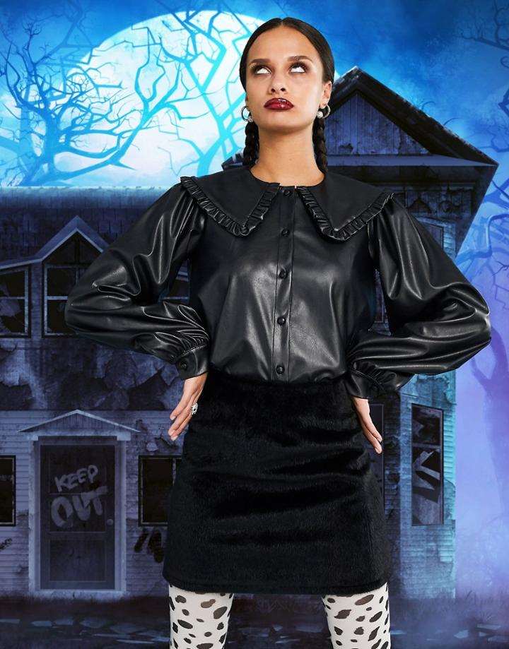 Asos Design Long Sleeve Leather Look Shirt With Ruffle Collar In Black-no Color