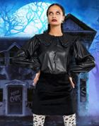Asos Design Long Sleeve Leather Look Shirt With Ruffle Collar In Black-no Color