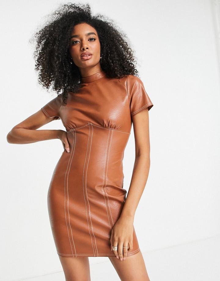 Asos Design High Neck Mini Dress In Pu With Topstitching-brown