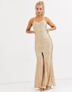 Jarlo Cami Strap Sequin Gown With Back Detail In Gold