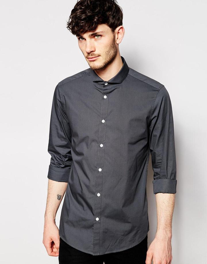 Asos Smart Shirt In Long Sleeve With Cutaway Collar - Dark Gray