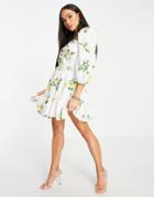 In The Style X Stacey Solomon Puff Sleeve Ruched Mini Smock Dress In Summer Lemon Print-multi