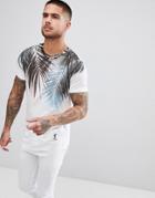 Religion Longline T-shirt With Curved Hem In White With Palm Print - White