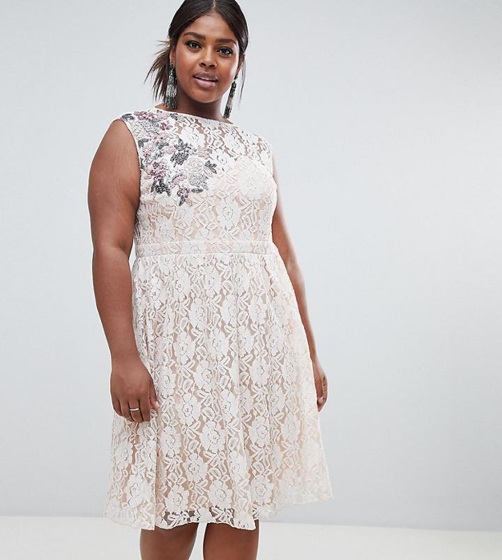 Little Mistress Plus Embellished Lace Skater Midi Dress - Cream