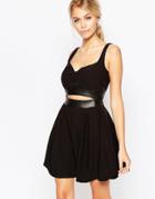 Hedonia Maria Skater Dress With Cut Out And Pu Panel Detail - Black