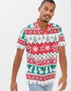 Urban Threads Christmas Short Sleeve Rever Collar Shirt In Fairisle - Multi